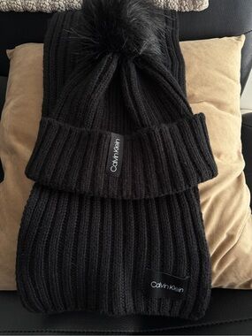 Calvin Klein Black Ribbed Knit Beanie with Faux Fur Pom and Scarf